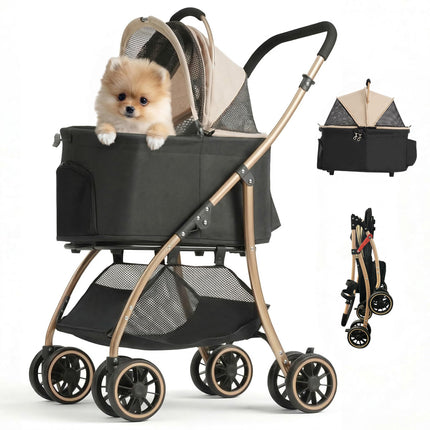 MILA&LOUIS Pet Stroller, 22" Pet Cradle for Small Dog, Dog Stroller with 4 Pu Wheels, 10Lbs Ultra-Light Dog&Cat Stroller for Small Pets, Max 22Lbs Capacity Detachable & Foldable Design with Cup Holder