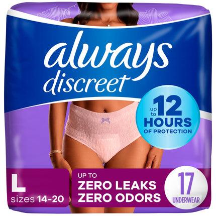 Always Discreet Adult Diapers for Women, Incontinence Underwear, Postpartum Essentials, Disposable Briefs, Max Absorbency, Bladder Leak Protection, Large, 17ct