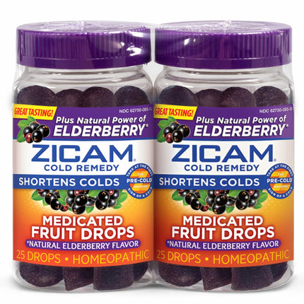 Zicam Cold Remedy Medicated Fruit Drops, Elderberry Flavor, Zinc Cold Shortening Medicine, Chewy Drops, 50 Count (2 Packs of 25)