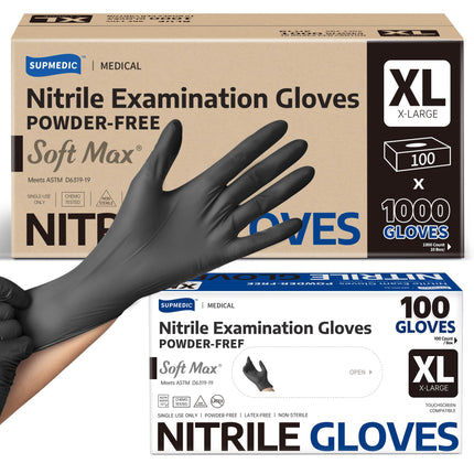 Supmedic Soft Max Disposable Nitrile Exam Gloves Powder-Free Black 1000(XL)