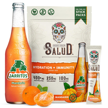 Salud x Jarritos 2-in-1 Hydration Packets + Immunity Electrolytes Powder, Mandarin - Agua Fresca Drink Mix, Elderberry, Dairy & Soy Free, Non-GMO, Gluten Free, Vegan, 1g Sugar (15 Servings)