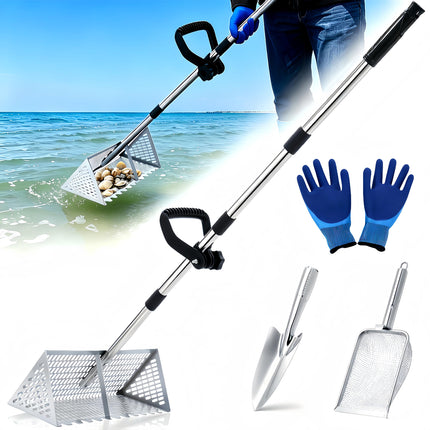 Large Stainless Sand Flea Rake Shark Tooth Sifter Comes Long Handle Sand Sifter for The Beach, 5-Section with Hand rake 16-Inch Wide Mesh Screen for Collecting Fleas , Shark Teeth, and Seashells