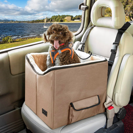 Petsfit Dog Booster Seat, Washable Pet Car Booster Bucket Seat with Portable Carrying Case for Puppy, Cats, Small Dogs (Small, Tan)