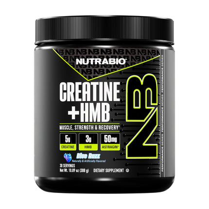 NutraBio Creatine + HMB- Creatine Monohydrate with HMB Powder for Muscle Growth, Increased Strength- 30 Servings (Blue Razz)