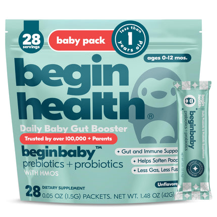 Begin Health BeginBaby Prebiotics and Probiotics for Infants 0-12 Months | Baby Formula Prebiotic + Probiotic Powder with 2'-FL HMO's & B. Infantis for Optimal Digestion | 28-Packs - Unflavored