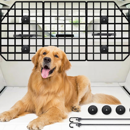 FEED GARDEN Dog Car Barrier for SUVs, Adjustable Universal-Fit Heavy-Duty Wire Mesh Pet Divider for Vehicles, Trucks, Vans, Car Accessories Safety Travel, Triple Folding (36.6"-60.6")
