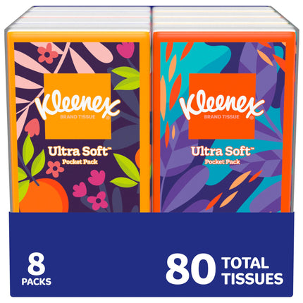 Kleenex On-The-Go Facial Tissues, 8 On-The-Go Packs, 10 Tissues per Box, 3-Ply (80 Total), Packaging May Vary