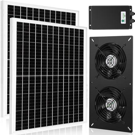 Fanspex Solar 2 Fan Kit with 66.6 Wh Battery Backup, 50W Solar Panel Powered Rechargeable Weatherproof Fans for Chicken Coop, Greenhouse & Shed