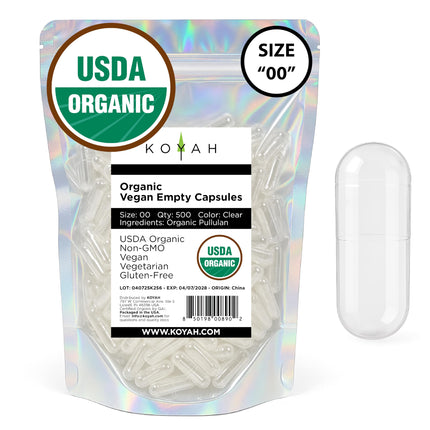 KOYAH - Certified Organic Empty Pullulan Capsules: Size 00, Vegan, Gluten-Free, Non-GMO, Allergen Free – Ideal for DIY Supplements (500 Count)