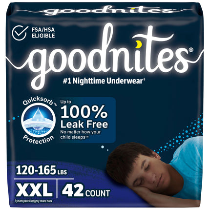 Goodnites Boys' Nighttime Underwear, Size XXL (120-165 lbs), 42 Ct (2 Packs of 21, Packaging May Vary