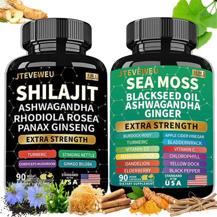 JTEVEweu Shilajit and Sea Moss Bundle- 90 Count - Sea Moss, Ashwagandha, Shilajit, Rhodiola Rosea & Ginger, All in 1 Supplements