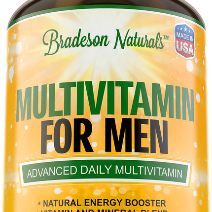 Bradeson Naturals Men's Multivitamin Supplement for Energy, Focus and Performance. Mens Vitamins A, C, D, E & B12, Zinc, Calcium, Magnesium & More. Multi Vitamin 60 Capsules Made in The USA