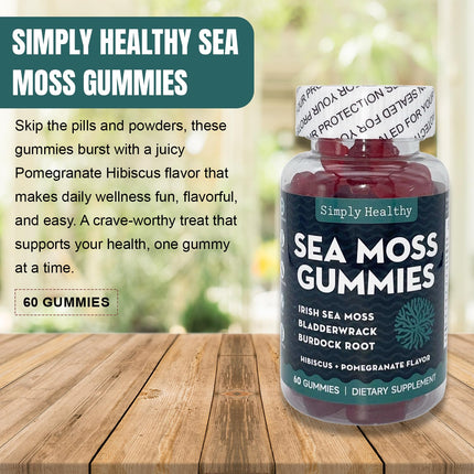 Simply Healthy Premium Sea Moss Gummies, Irish Sea Moss Supplement with Bladderwrack and Burdock Root, Vegan Support Detox Gummies, Plant-Based Wellness, for Gut Health, Superfood 60ct
