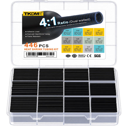 TKDMR 446 Pcs Heat Shrink Tubing Kit - 4:1 Ratio Adhesive Lined, Marine Grade Shrink Wrap - Industrial Heat Shrink Tubing,Black