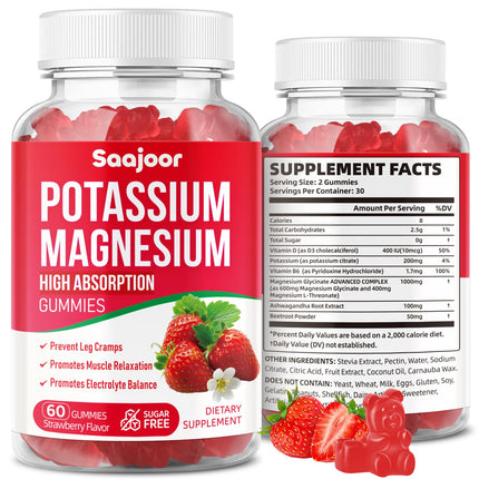 Potassium Magnesium Gummies,High Absorption Magnesium Glycinate,D3 & B6,Potassium Citrate - for Muscle Support, Leg Cramps & Electrolyte Balance - Vegan, Non-GMO, Strawberry Flavor, 60 Count