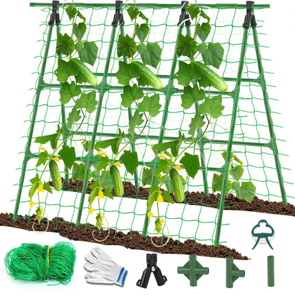 A-Frame Cucumber Trellis for Raised Bed - 47 x 47in, Heavy-Duty Detachable Garden Trellis with Netting & Clips, Support for Climbing Outdoor Cucumber, Tomatoes, Luffa, Bitter Melon, Vining Flowers
