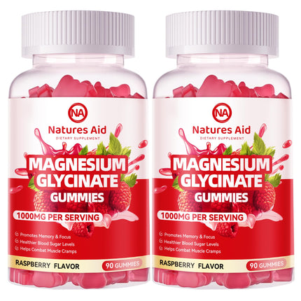 Natures Aid Magnesium Glycinate Gummies 1000mg - Sugar Free Magnesium Potassium Supplement with Vitamin D, B6, CoQ10 for Calm Mood & Sleep Support - 180 Raspberry Gummies.
