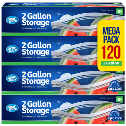 2 Gallon Storage Bags, Double Zipper Seal - 120 Count, (4 Packs of 30) Resealable Thick Plastic Food Storage Bags - Microwave-Safe, BPA Free - Resealable Containers for Lunch, Snacks, Meals