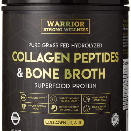 Warrior Strong Wellness Premium Collagen Peptides Bone Broth Powder: Grass Fed Hydrolyzed Collagen Boost for Healthy Skin, Nails, Hair, Joints, Muscles, Bones, Digestion, Keto Friendly, Unflavored