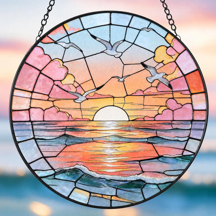 Hanging Stained Glass for Windows,20cm/7.87inch Sea Sunrise Stained Glass Suncatcher with Chain Garden Diamond Glass Panel Hangings Decoration for Home Decor Gifts for Family Friends Colleagues