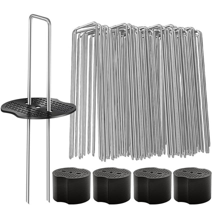 200 Pcs Garden Stakes Landscape Staples Set, 6 Inch 11 Gauge Heavy Duty Galvanized 100 U-Shaped Pins with 100 Gaskets for Weed Barrier Fabric, Grass Sod, Artificial Turf & Yard Landscaping