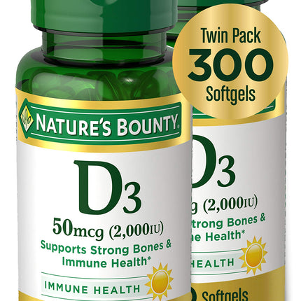 Nature's Bounty Vitamin D3, Supports Immune System and Bone Health, 50mcg, 150 Softgels (Pack of 2)