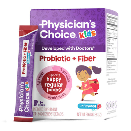 Physician's Choice Kids Probiotic + Prebiotic Fiber Packets (Ages 1+) - Supports Regularity, Occasional Constipation & A Healthy Digestive System - No Allergens or Preservatives - Unflavored - 24 Pack