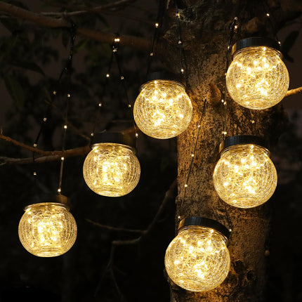 Solar Lanterns Solar Lights Outdoor Waterproof 6-Pack, Solar Powered Hanging Lights Cracked Glass Hanging Globes for Christmas Decoration, Shepherd Hook, Garden Tree Ornaments
