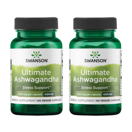 Swanson Ultimate Ashwagandha KSM-66 - Herbal Supplement Supporting Healthy Stress Levels & Relaxation - Natural Formula to Promote a Calm & Relaxed Mindset - (60 Veggie Capsules, 250mg Each) (2 Pack)