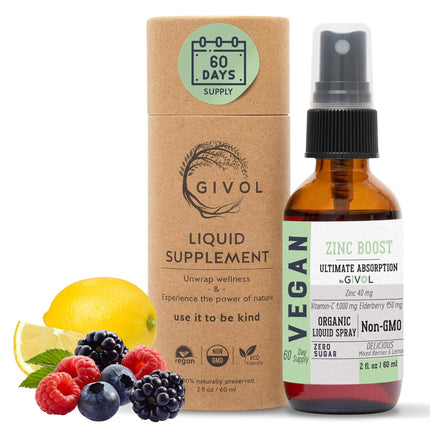 GIVOL Organic ZINC Boost Mist 40 mg (Extra Strength) - Sugar Free with Vit C and Elderberry Extract - Vegan Liquid Spray for Kids and Adults - Easy Absorption - Non-GMO - (60 ml) 60 Days Supply