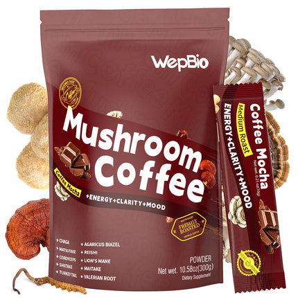 WepBio Mushroom Coffee Mocha 11 in 1 Adaptogenic Mushroom Blend with Ashwagandha KSM-66,Lions Mane,Reishi,Turkey Tail Instant Mushrooms Coffee for Boost Energy,Focus,Sugar-Free,30 Servings