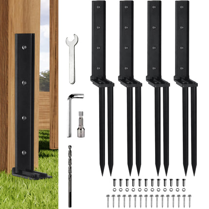 TANIVO 4 Pack Fence Post Anchor Repair Kit – Heavy Duty Steel Ground Stakes with Adjustable Width and Reinforced Base for Fixing Tilted or Broken Wooden Fence Posts