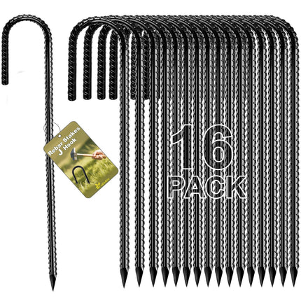Fabulas Rebar Stakes 12 Inch, Rebar Stakes Heavy Duty 16 Pack Ground Anchors J Hook with Chisel Point End Galvanized Steel Anchors for Fence Landscape Trampoline Chain Link Garden Camping Tent Plants