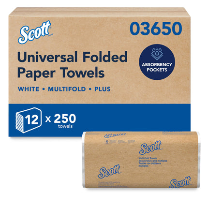 Scott® Professional Universal Multifold Paper Towels, Bulk (03650), Absorbency Pockets, 9.2" x 9.4" sheets, Plus Tier, Compressed, White (250 Sheets/Pack, 12 Packs/Case, 3,000 Sheets/Case)