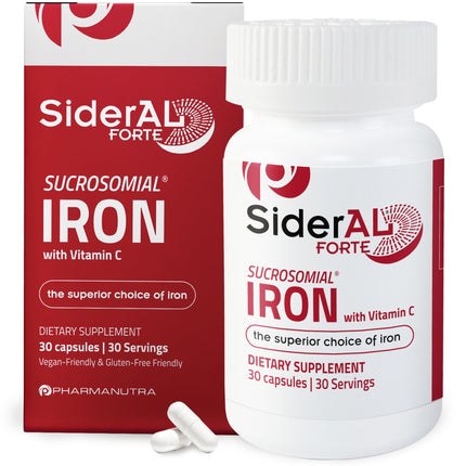 SiderAL Forte Sucrosomial Iron Supplement for Women and Men - Clinically Proven to Increase Levels without Side Effects, Gentle on Stomach, 7x Higher Absorption for Anemia & Energy, Vitamin C, 30ct