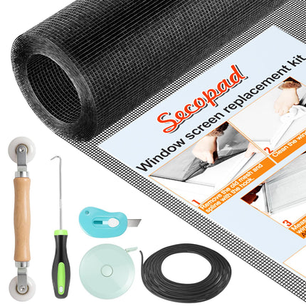 Secopad Window Screen Repair Kit, 48" x 118" Screen Door Mesh Replacement Kit, Durable Fiberglass Roll with Tools for Windows Doors Patio and Porch Replacement, Black