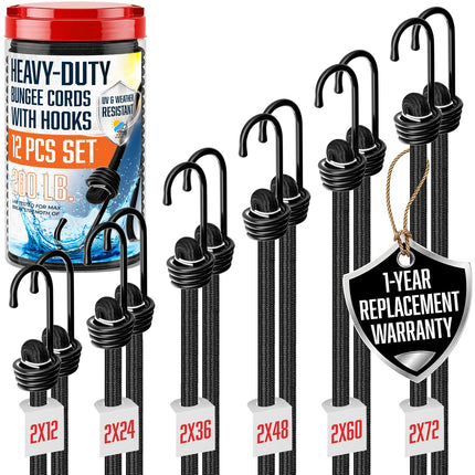 VBEST Strong Bungee Cords Heavy Duty - 12 pcs Bungee Cords with Hooks in A Storage Jar Includes 12", 24", 36", 48", 60", 72" Bungie Cord Bundle UV & Weather Resistant