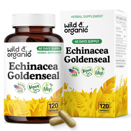 Wild & Organic Echinacea Goldenseal Capsules - Immune & Lung Support - Echinacea Complex Supplement - Hydrastis Canadensis & Purpurea - Vegan, No Fillers, Non-GMO - 120 Count
