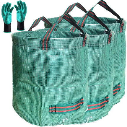 Standard 3-Pack 32 Gallon Lawn Garden Bags (D18,H30 inch) Yard Waste Bags with Gardening Gloves - Reusable Leaf Bags,Yard Debris,Trash Container,Plant Trimmings Bag,Grass Clippings,Weeds Bag 4 Handles