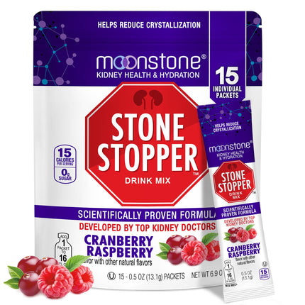 Moonstone Stone Stopper Drink Mix, Cranberry Raspberry, Kidney Stone Prevention, Calcium Oxalate Protector, Developed by Urologists to Improve Hydration and Support Kidney Health, 15 Day Supply