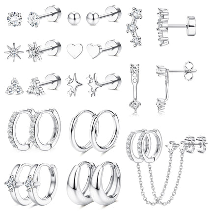 Florideco Silver Plated Flat Back Earrings Hypoallergenic Surgical Steel Earrings for Women Trendy Cartilage Chain Hoop Earring Studs Star Heart CZ Flatback Stud Earring Pack
