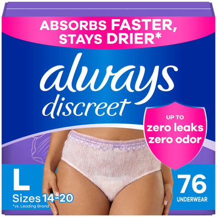 Always Discreet Adult Diapers for Women, Incontinence Underwear, Postpartum Essentials, Disposable Briefs, Max Absorbency, Bladder Leak Protection, Large, 76ct