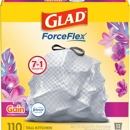 Glad ForceFlex Tall Kitchen Trash Bags, 13 Gallon, Gain Moonlight Breeze, 110 Ct (Package May Vary)