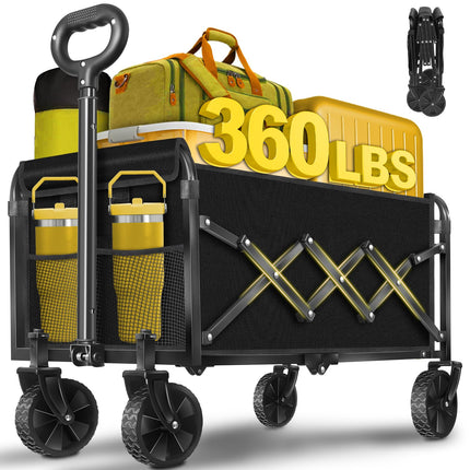 Wagons Cart Foldable, 360LBS Collapsible Wagon Cart with Wheels, Portable All Terrain Folding Utility Grocery Wagon for Shopping Camping Groceries Outdoor Sports, Heavy Duty, Rolling