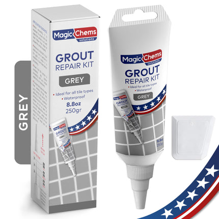 Magic Chems Tile Grout Repair, Grey 8.8 oz/250gr. Fast Drying Grout Repair Kit, Grout Filler Tube Repair Kit, Tile Grout Paint, Grout Sealer Restore and Renew Bathroom Floor, Tile Gaps, Joints, Lines