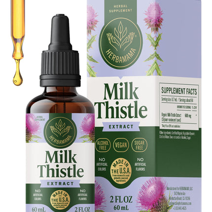 HERBAMAMA Milk Thistle Supplement for Liver Detox Cleanse – Liver Support Supplement – Silymarin Milk Thistle Tincture – Vegan, Non-GMO, Alcohol & Sugar-Free, 28-Day Supply
