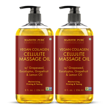 Majestic Pure Cellulite Massage Oil for Massage Therapy- Refreshing and Relaxing- Natural Oils with Grapeseed, Eucalyptus & Lemon Oil- All Skin Types- Men and Women Massage Lotion- 8 fl oz (Pack of 2)