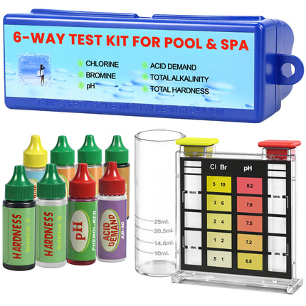PRAXXIS 6-Way Pool Water Testing Kit, Pool Test Kit for Inground Above Ground Pool, Pool Water Chemical Test Kit for Chlorine,Bromine,pH, Acid Demand, Alkalinity, Hardness For Quick & Accurate Testing