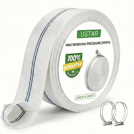 Pool Backwash Hose, 2" × 200 FT Heavy Duty Discharge Hose with 2 Clamps, Fire Hose Anti-Kink Reinforced Polyester & PU Lining, Weather Resistant Sump Pump Hose for Pool, Construction,Irrigation