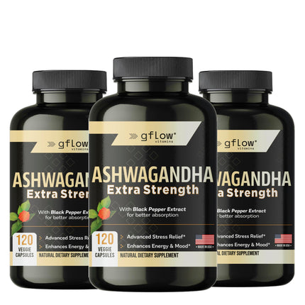gflow vitamins Ashwagandha Supplements for Women and Men | Sleep, Mood and Energy Support | Extra Strength, Vegan Friendly, Non-GMO, Made in USA - Pack of 3